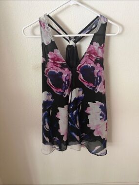 Guess Black Floral Chiffon Camisole with Pink & Purple Blooms